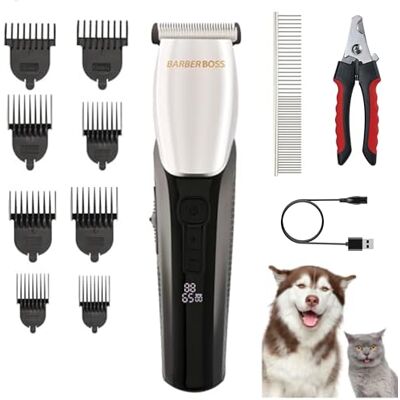 BARBERBOSS sladdlöst husdjursklippningskit, professionell hundklippare för tjock päls, laddningsbar trimmer för tovig päls, hundklippare, låg ljudnivå, vattentät BARBERBOSS sladdlöst husdjursklippningskit, professionell hundklippare för tjock päls, laddningsbar trimmer för tovig päls, hundklippare, låg ljudnivå, vattentät