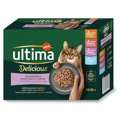 Ultima Katt steriliserad påse kyckling, lax, kalkon, öring 12 x 85 g Bitar i sås, viktkontroll, inga tillsatta färgämnen, balanserad helmat, våt mat Ultima Katt steriliserad påse kyckling, lax, kalkon, öring 12 x 85 g Bitar i sås, viktkontroll, inga tillsatta färgämnen, balanserad helmat, våt mat