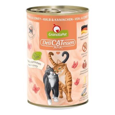 GranataPet Våtfoder Delicatessen kalv och kanin, för katter, kattmat för finsmakare, foder utan spannmål och utan sockertillsatser, 6 x 400 g GranataPet Våtfoder Delicatessen kalv och kanin, för katter, kattmat för finsmakare, foder utan spannmål och utan sockertillsatser, 6 x 400 g