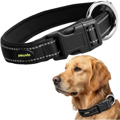 Peluvio Buddy Reflekterande Hundhalsband i Slitstark Nylon, Justerbart Halsband för Små Medelstora & Stora Hundar, Lätt och Vattentåligt med Metallspänne och Reflexsömmar, Tvättbart, (M, Svart) Peluvio Buddy Reflekterande Hundhalsband i Slitstark Nylon, Justerbart Halsband för Små Medelstora & Stora Hundar, Lätt och Vattentåligt med Metallspänne och Reflexsömmar, Tvättbart, (M, Svart)
