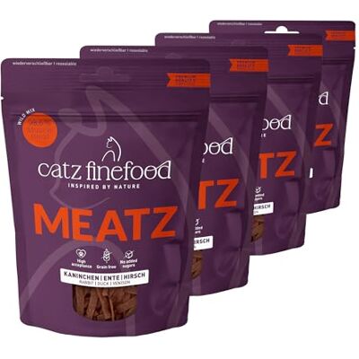 Catz finefood Meatz kattgodis vild mix – krispiga ränder från speciella köttsorter – kattmellanmål för allergiker utan socker, spannmålsfri (4 x 45 g) Catz finefood Meatz kattgodis vild mix – krispiga ränder från speciella köttsorter – kattmellanmål för allergiker utan socker, spannmålsfri (4 x 45 g)