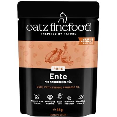 Catz finefood Purrr anka monoprotein kattmat våt nr 115, för näringskänsliga katter, 70% köttinnehåll, 16 x 85 g påse Catz finefood Purrr anka monoprotein kattmat våt nr 115, för näringskänsliga katter, 70% köttinnehåll, 16 x 85 g påse