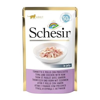 Schesir Cat Jelly tonfisk med kyckling och skinka, kattmat våt i gelé, 30 påsar x 50 g Schesir Cat Jelly tonfisk med kyckling och skinka, kattmat våt i gelé, 30 påsar x 50 g