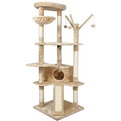 Meerveil Katträd, kattträd för stora katter, klösträd, katttorn, kattaktivitetscenter med sisal, klösstolpar med rutschbana, vagga, katpalats, 167 cm, beige Meerveil Katträd, kattträd för stora katter, klösträd, katttorn, kattaktivitetscenter med sisal, klösstolpar med rutschbana, vagga, katpalats, 167 cm, beige