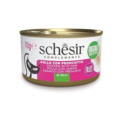 Schesir , Kycklingfiléer med geléskinka, kompletterande våtfoder för katter, originalrecept, 100% naturligt, 12 burkar på 70 g Schesir , Kycklingfiléer med geléskinka, kompletterande våtfoder för katter, originalrecept, 100% naturligt, 12 burkar på 70 g