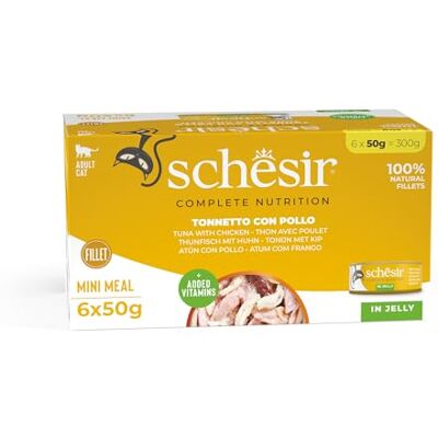 Schesir Cat Jelly Tonfisk med kycklingfilé, kattmat våt i gelé, 8 x 6 burkar x 50 g Schesir Cat Jelly Tonfisk med kycklingfilé, kattmat våt i gelé, 8 x 6 burkar x 50 g