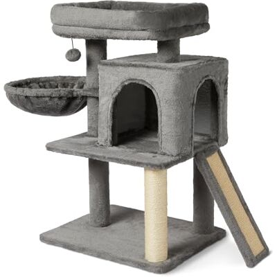 Amazon Basics klätterställning i flera nivåer för katter och kattungar med klösstolpe, katthus och hängmatta, FSC-certifierad, höjd 76,2cm (30,2in), grå Amazon Basics klätterställning i flera nivåer för katter och kattungar med klösstolpe, katthus och hängmatta, FSC-certifierad, höjd 76,2cm (30,2in), grå