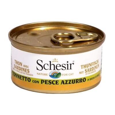 Schesir Cat i buljong tonfisk med sardiner, kattmat våt i egen kokbuljong, 24 burkar x 70 g Schesir Cat i buljong tonfisk med sardiner, kattmat våt i egen kokbuljong, 24 burkar x 70 g
