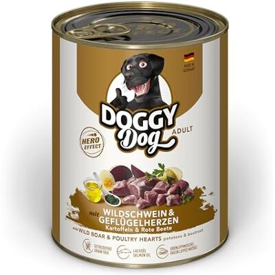 DOGGY Dog Paté vildsvin & fjäderfähjärtan, 6 x 800 g, våtmat för hundar, spannmålsfritt hundfoder med laxolja och grön läppmussla med kart of Made in Germany DOGGY Dog Paté vildsvin & fjäderfähjärtan, 6 x 800 g, våtmat för hundar, spannmålsfritt hundfoder med laxolja och grön läppmussla med kart of Made in Germany