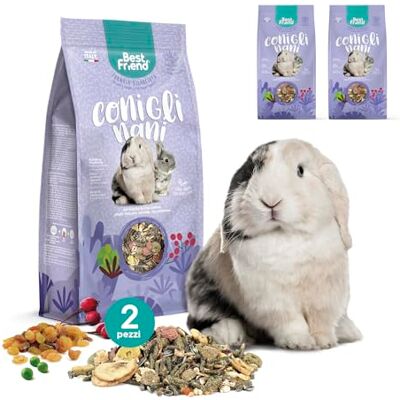 Best Friend Komplett foder för dvärgkaniner med nyponbär, flingärta, johannesbröd, sultanin-druvor, 2-pack Gnagarfoder med naturliga ingredienser, Made in Italy Best Friend Komplett foder för dvärgkaniner med nyponbär, flingärta, johannesbröd, sultanin-druvor, 2-pack Gnagarfoder med naturliga ingredienser, Made in Italy