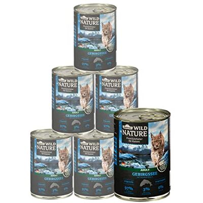 Dehner Wild Nature Kattfoder bergshav, våtfoder spannmålsfritt, för vuxna katter, lax/öring, 6 x 400 g burk (2,4 kg) Dehner Wild Nature Kattfoder bergshav, våtfoder spannmålsfritt, för vuxna katter, lax/öring, 6 x 400 g burk (2,4 kg)