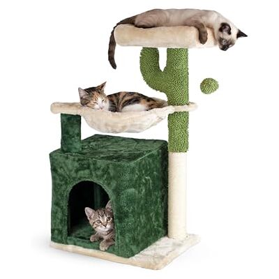 AQPET klösstolpe med kattbädd och hängmatta i sisal och tyg, höjd 75 cm för maximalt kul för din katt, beige/grön AQPET klösstolpe med kattbädd och hängmatta i sisal och tyg, höjd 75 cm för maximalt kul för din katt, beige/grön