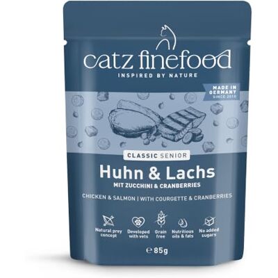 Catz finefood Senior N°05 lax & kyckling kattmat våt – premium våtfoder för din senior katt – spannmålsfri, utan socker, hög kötthalt, vitaminer och mineraler (16 x 85 g påse) Catz finefood Senior N°05 lax & kyckling kattmat våt – premium våtfoder för din senior katt – spannmålsfri, utan socker, hög kötthalt, vitaminer och mineraler (16 x 85 g påse)