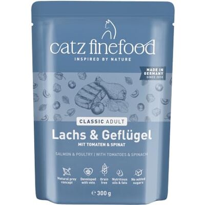 Catz finefood Classic N° 5 lax & fjäderfä kattmat våt – gourmet våtfoder för din katt utan socker och spannmål, glutenfri – med hög kötthalt, tillverkad i Tyskland (6 x 300 g påse) Catz finefood Classic N° 5 lax & fjäderfä kattmat våt – gourmet våtfoder för din katt utan socker och spannmål, glutenfri – med hög kötthalt, tillverkad i Tyskland (6 x 300 g påse)