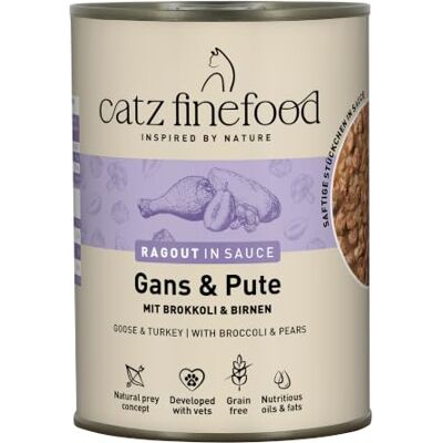 Catz finefood Ragout N° 603 Gans & kalkon kattmat våt – finmat, våtfoder för katter i sås utan spannmål och socker med hög kötthalt, 6 x 380 g burk Catz finefood Ragout N° 603 Gans & kalkon kattmat våt – finmat, våtfoder för katter i sås utan spannmål och socker med hög kötthalt, 6 x 380 g burk