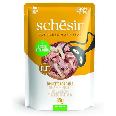Schesir , Tonnetto med gelé kyckling, komplett våtfoder för katter, i påse, 100% naturliga ingredienser, Cruelty Free, 12 x 85 g Schesir , Tonnetto med gelé kyckling, komplett våtfoder för katter, i påse, 100% naturliga ingredienser, Cruelty Free, 12 x 85 g