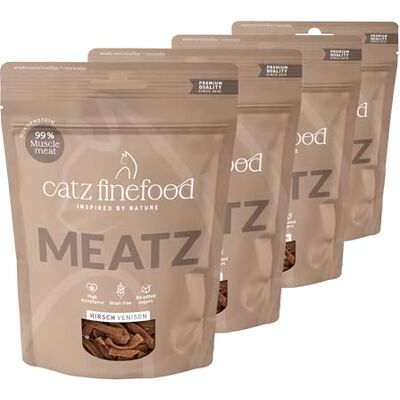 Catz finefood Meatz katt godis hjort nr 9 – krispiga ränder av hjortkött – grillat och torkat – kattmellanmål utan socker, spannmålsfri (4 x 45 g) Catz finefood Meatz katt godis hjort nr 9 – krispiga ränder av hjortkött – grillat och torkat – kattmellanmål utan socker, spannmålsfri (4 x 45 g)