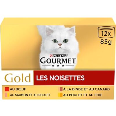 Gourmet GULD, katt, hasselnötter, skalade i sås, nötkött, kycklinglever, kalkon, lax-kyckling, 12 x 85 g, set med 8, låda Gourmet GULD, katt, hasselnötter, skalade i sås, nötkött, kycklinglever, kalkon, lax-kyckling, 12 x 85 g, set med 8, låda