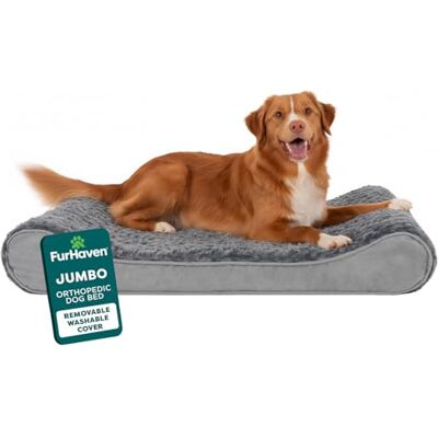 Furhaven ortopedisk hundbädd för stora hundar med avtagbart tvättbart överdrag, för hundar upp till 34 kg – ultra-plysch fuskpäls och mocka lyxig lounger konturmadrass – grå, jumbo/XL Furhaven ortopedisk hundbädd för stora hundar med avtagbart tvättbart överdrag, för hundar upp till 34 kg – ultra-plysch fuskpäls och mocka lyxig lounger konturmadrass – grå, jumbo/XL