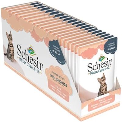 Schesir Gelé för kattungar, med kycklingfilé, våtfoder för kattungar i gelé, 20 påsar x 85 g Schesir Gelé för kattungar, med kycklingfilé, våtfoder för kattungar i gelé, 20 påsar x 85 g