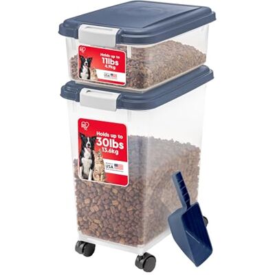 IRIS USA Dog Food Storage Container, 30 lbs & 11 lbs Combo, Cat Food Storage Container, Dog Treat Container, Airtight, Stackable, 2-Cup Scoop, Wheels, Easy Mobility, Navy IRIS USA Dog Food Storage Container, 30 lbs & 11 lbs Combo, Cat Food Storage Container, Dog Treat Container, Airtight, Stackable, 2-Cup Scoop, Wheels, Easy Mobility, Navy