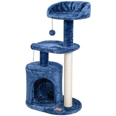 Cleva Home Djup denimblått katträd, 80 cm, mysig lägenhet, klösstolpe i sisalen, plyschpinne och pompom leksaker för inomhuskatter Cleva Home Djup denimblått katträd, 80 cm, mysig lägenhet, klösstolpe i sisalen, plyschpinne och pompom leksaker för inomhuskatter