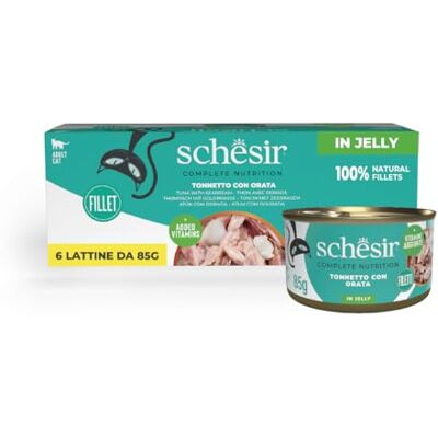 Schesir , Tonfisk med geléhavsruva, komplett våtfoder för katter, med tillsatta vitaminer, 100% naturlig, 12 burkar 85 g Schesir , Tonfisk med geléhavsruva, komplett våtfoder för katter, med tillsatta vitaminer, 100% naturlig, 12 burkar 85 g