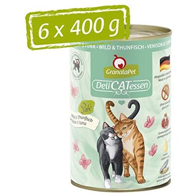 GranataPet Våtfoder Delicatessen vilt och tonfisk, 6 x 400 g, för katter, kattmat för finsmakare, foder utan spannmål och utan sockertillsatser GranataPet Våtfoder Delicatessen vilt och tonfisk, 6 x 400 g, för katter, kattmat för finsmakare, foder utan spannmål och utan sockertillsatser
