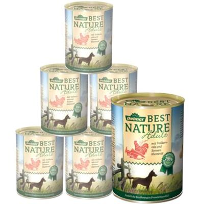 Dehner Best Nature hundmat, våtfoder spannmålsfritt, för vuxna hundar, lax/fjäderfä/ris, 6 x 400 g burk (2,4 kg) Dehner Best Nature hundmat, våtfoder spannmålsfritt, för vuxna hundar, lax/fjäderfä/ris, 6 x 400 g burk (2,4 kg)