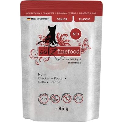 Catz finefood Senior N°03 Kyckling kattmat våt – premium våtfoder för din senior katt – spannmålsfri, utan socker, hög kötthalt, vitaminer och mineraler (16 x 85 g påse) Catz finefood Senior N°03 Kyckling kattmat våt – premium våtfoder för din senior katt – spannmålsfri, utan socker, hög kötthalt, vitaminer och mineraler (16 x 85 g påse)