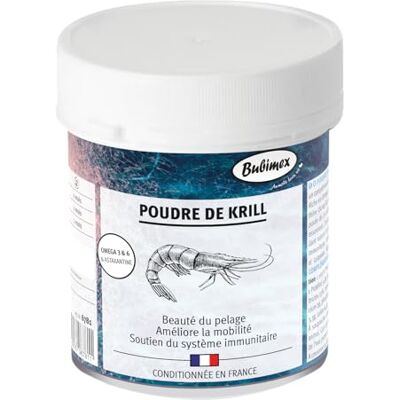 Bubimex Krillpulver 100% naturligt kosttillskott för hundar och katter rik på Omega 3 och 6 Astaxantin pälsskönhet, rörlighet och immunsystem 400 g Bubimex Krillpulver 100% naturligt kosttillskott för hundar och katter rik på Omega 3 och 6 Astaxantin pälsskönhet, rörlighet och immunsystem 400 g
