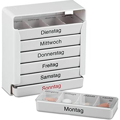 Relaxdays tablett 7 dagar 4 fack, morgn, middag, kväll, natt, veckovis medicinlåda, plast, vit Relaxdays tablett 7 dagar 4 fack, morgn, middag, kväll, natt, veckovis medicinlåda, plast, vit