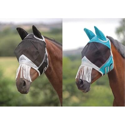 Shires flygmask med öron och näsfransar, fin nätväv, blågrön, blågrön, X full Shires flygmask med öron och näsfransar, fin nätväv, blågrön, blågrön, X full