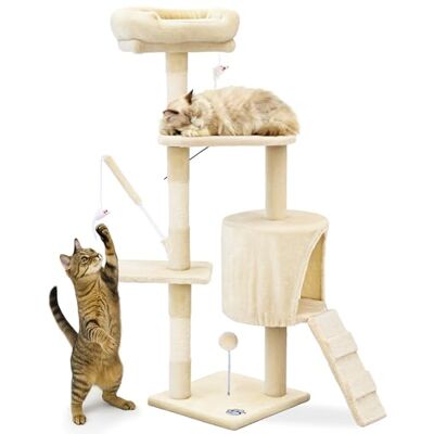 VOUNOT Kattträd höjd 112 cm flera nivåer klättringsträd med kattklor aktivitetscenter med klätternisch och beige plattformar VOUNOT Kattträd höjd 112 cm flera nivåer klättringsträd med kattklor aktivitetscenter med klätternisch och beige plattformar