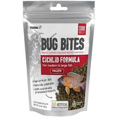 Fluval Bug Bites fiskmat, med insektlarver, för ciklider, långsamt sjunkande pellets 5–7 mm, 100 g Fluval Bug Bites fiskmat, med insektlarver, för ciklider, långsamt sjunkande pellets 5–7 mm, 100 g