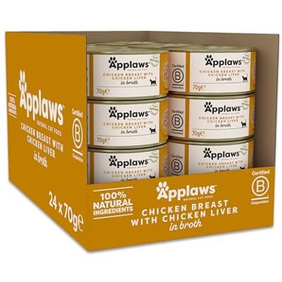 Applaws 100% naturlig våtfoder för vuxna katter, kycklingbröst med kycklinglever i buljong, 24 × 70 g burkar Applaws 100% naturlig våtfoder för vuxna katter, kycklingbröst med kycklinglever i buljong, 24 × 70 g burkar