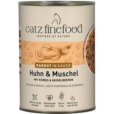 Catz finefood Ragout N° 613, kyckling och mussla, kattmat, våt mat för katter i sås utan spannmål och socker med hög kötthalt, 6 x 380 g burk Catz finefood Ragout N° 613, kyckling och mussla, kattmat, våt mat för katter i sås utan spannmål och socker med hög kötthalt, 6 x 380 g burk