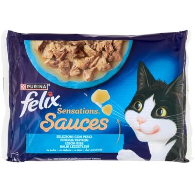 Felix Purina Sensations Sauces Fuktig mat för katter med lax i Smaksås Räkor och med sardiner i sås med morötter, 4 påsar om 85 g vardera Felix Purina Sensations Sauces Fuktig mat för katter med lax i Smaksås Räkor och med sardiner i sås med morötter, 4 påsar om 85 g vardera