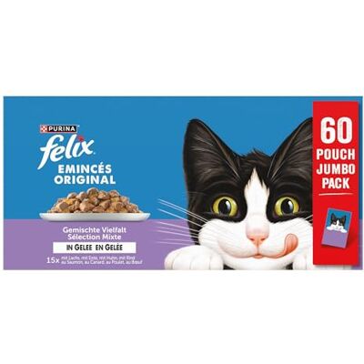 Felix Hackad i gelé vuxenkatt 100% komplett och balanserat recept, källa till Omega 6 och vitaminer urval av nötkött, kyckling, anka, lax färska påsar låda med 60 x 85 g Felix Hackad i gelé vuxenkatt 100% komplett och balanserat recept, källa till Omega 6 och vitaminer urval av nötkött, kyckling, anka, lax färska påsar låda med 60 x 85 g