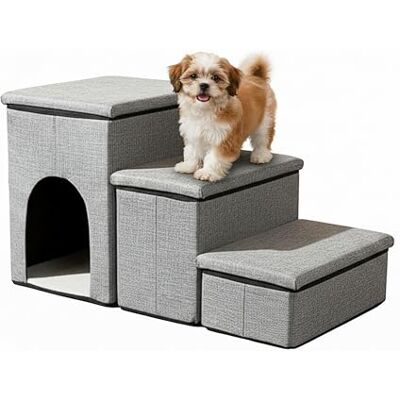 Relaxdays Hundtrappa, 3 steg, grotta och förvaringsutrymme, H x B x D: 43 x 75 x 33 cm, vikbar, hundramp säng & soffa, ljusgrå Relaxdays Hundtrappa, 3 steg, grotta och förvaringsutrymme, H x B x D: 43 x 75 x 33 cm, vikbar, hundramp säng & soffa, ljusgrå