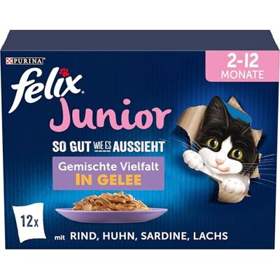 Felix Så gott som det ser junior kattunge mat våt i gelé, blandade sorter, förpackning med 6 (6 x 12 påsar med 85 g) Felix Så gott som det ser junior kattunge mat våt i gelé, blandade sorter, förpackning med 6 (6 x 12 påsar med 85 g)