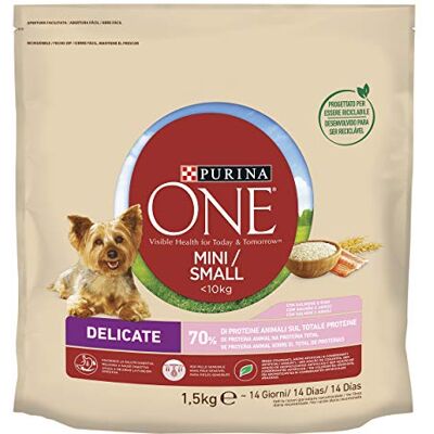 PURINA ONE Mini < 10 kg Delikat kroketter för små hundar lax och ris, 6 förpackningar på 1,5 kg PURINA ONE Mini < 10 kg Delikat kroketter för små hundar lax och ris, 6 förpackningar på 1,5 kg