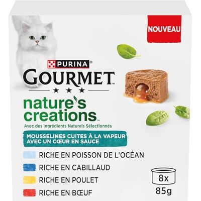 Gourmet Nature's Creations, katt, muslin, hjärta i sås, kycklingmorötter, nötkött, tomater, havsfisk, spenat, panaktorsk, 8 x 85 g Gourmet Nature's Creations, katt, muslin, hjärta i sås, kycklingmorötter, nötkött, tomater, havsfisk, spenat, panaktorsk, 8 x 85 g