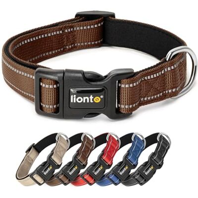 lionto Hundhalsband i slitstark nylon, storlek L, mjukt vadderat halsband för hundar, 360° reflekterande med snabbspänne, metallring & steglös justering, brun lionto Hundhalsband i slitstark nylon, storlek L, mjukt vadderat halsband för hundar, 360° reflekterande med snabbspänne, metallring & steglös justering, brun
