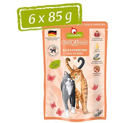 GranataPet Våtfoder Delicatessen kalv och kanin, 6 x 85 g, för katter, kattmat för finsmakare, foder utan spannmål och utan sockertillsatser GranataPet Våtfoder Delicatessen kalv och kanin, 6 x 85 g, för katter, kattmat för finsmakare, foder utan spannmål och utan sockertillsatser