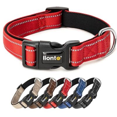 lionto Hundhalsband i slitstark nylon, storlek XL, mjukt vadderat halsband för hundar, 360° reflekterande med snabbspänne, metallring & steglös justering, röd lionto Hundhalsband i slitstark nylon, storlek XL, mjukt vadderat halsband för hundar, 360° reflekterande med snabbspänne, metallring & steglös justering, röd