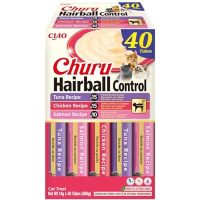 INABA Churu Hairball Control kattgodis, krämiga katter chckies med fiber, tonfisk, kyckling & lax, rik på Omega 3 & 6, utan spannmål och socker, anti-hårbollar katt, 40 x 14 g INABA Churu Hairball Control kattgodis, krämiga katter chckies med fiber, tonfisk, kyckling & lax, rik på Omega 3 & 6, utan spannmål och socker, anti-hårbollar katt, 40 x 14 g