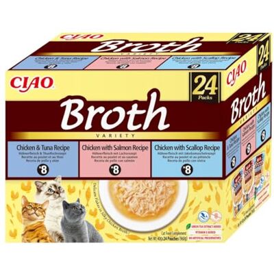 INABA CIAO Kycklingbuljong för katter i 3 smaker, våtfoder med kycklingband, lax, tonfisk och kammusslor 24 påsar x 40 g kattmat utan konserveringsmedel eller konstgjorda färgämnen INABA CIAO Kycklingbuljong för katter i 3 smaker, våtfoder med kycklingband, lax, tonfisk och kammusslor 24 påsar x 40 g kattmat utan konserveringsmedel eller konstgjorda färgämnen