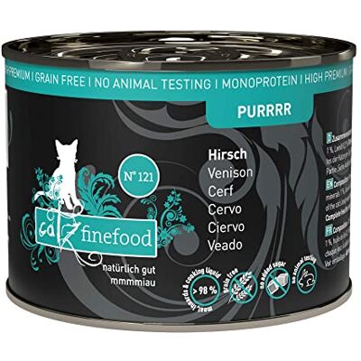Catz finefood Purrrrr hjort monoprotein kattmat våt N° 121, för livsmedelskänsliga katter, 70% kötthalt, 6 x 200 g burk Catz finefood Purrrrr hjort monoprotein kattmat våt N° 121, för livsmedelskänsliga katter, 70% kötthalt, 6 x 200 g burk