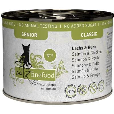 Catz finefood Senior N°05 lax & kyckling kattmat våt – premium våtfoder för din senior katt – spannmålsfri, utan socker, hög kötthalt, vitaminer och mineraler (6 x 200 g burk) Catz finefood Senior N°05 lax & kyckling kattmat våt – premium våtfoder för din senior katt – spannmålsfri, utan socker, hög kötthalt, vitaminer och mineraler (6 x 200 g burk)